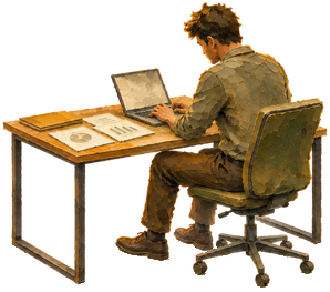 Illustration d'un membre de l'équipe AKILA DESIGN, au bureau, ordinateur portable ouvert.