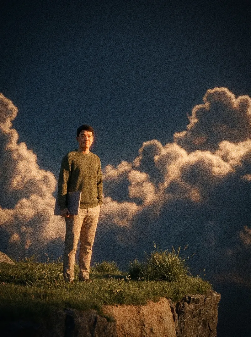 Un membre de l'équipe AKILA DESIGN, ordinateur portable à la main, au sommet d'une falaise au coucher du soleil.