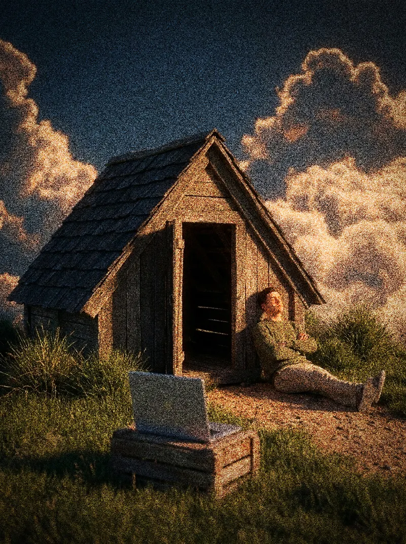 Une cabane en bois dans les hautes herbes au coucher du soleil, une personne adossée à la porte.