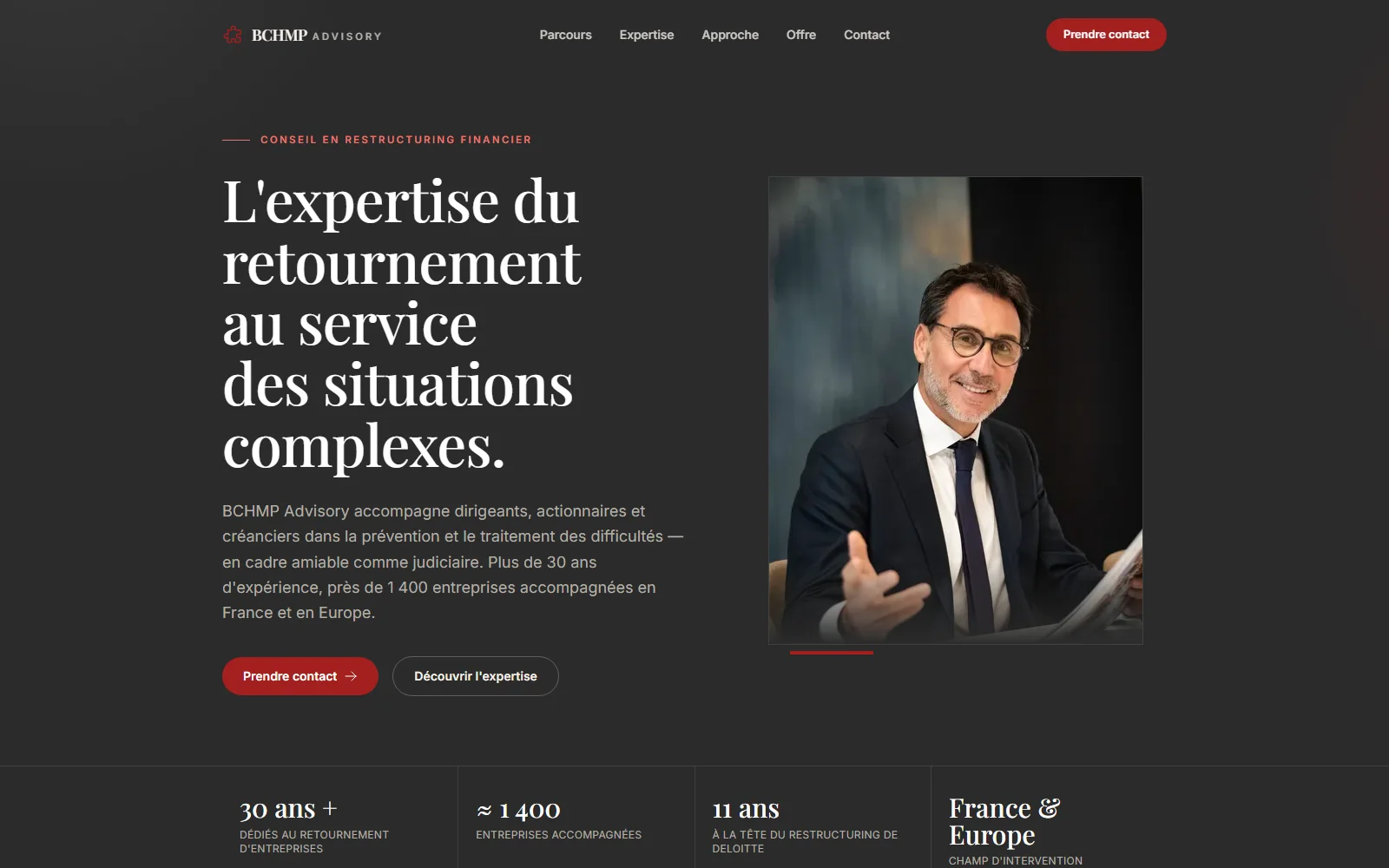 La page d'accueil de BCHMP Advisory, telle qu'elle s'affiche en ligne.