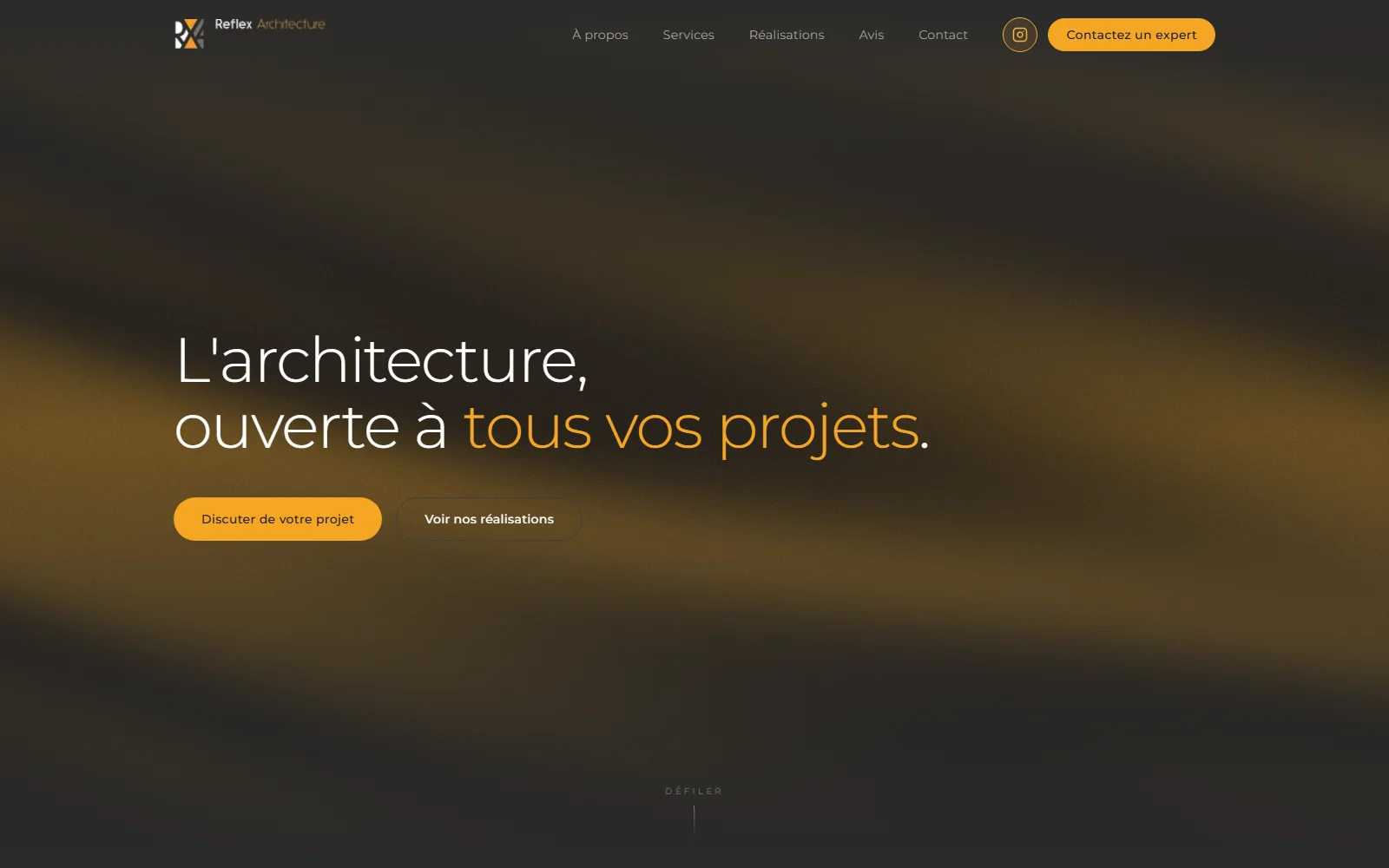 La page d'accueil de Reflex Architecture, telle qu'elle s'affiche en ligne.